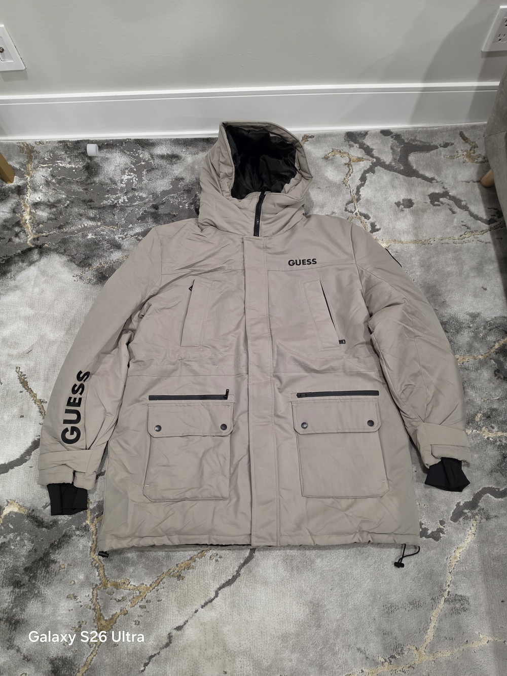 GUESS Men’s Hooded Puffer Coat in Light Taupe